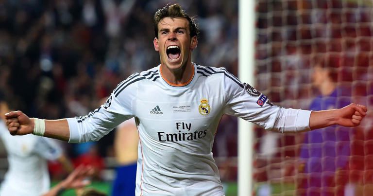 Gareth Bale celebreates scoring in the 2014 Champions League final. May 2014, Lisbon.