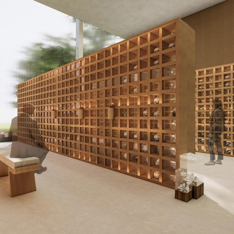 Visualisation of a funeral centre interior, showing tall brown wooden rectangular structures with people sitting on benches and passing through and a large glass window showing green trees outside.