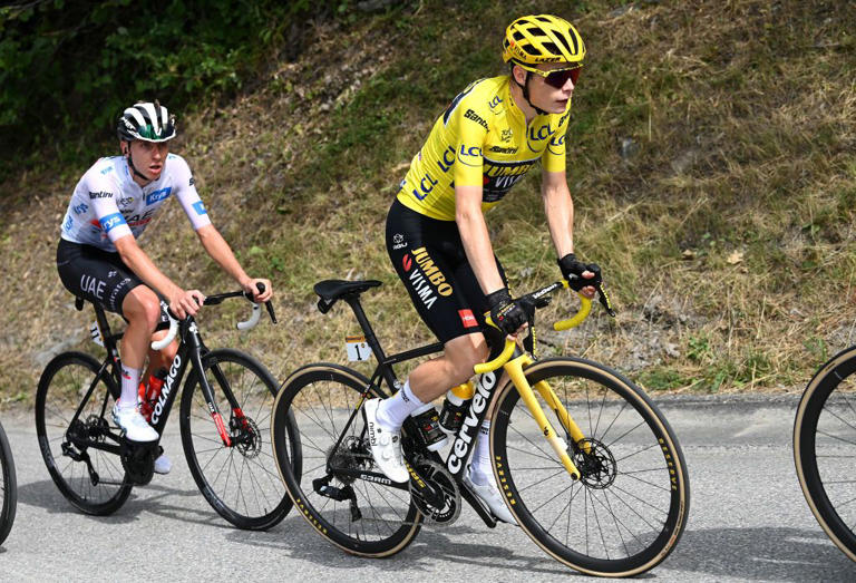 Jonas Vingegaard with Tadej Pogačar on the wheel at the 2023 Tour de France
