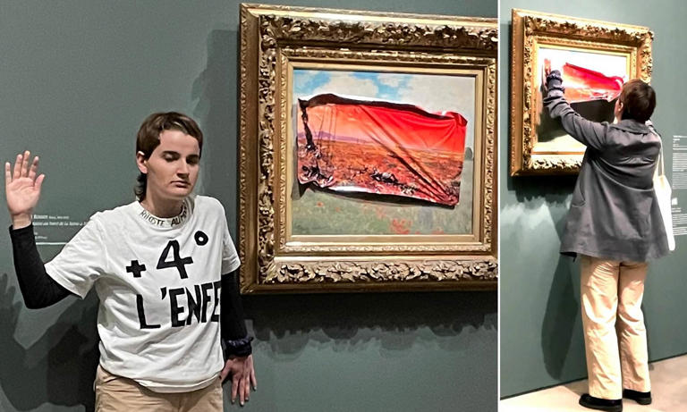 Climate activist sticks protest sign to Monet painting in Paris