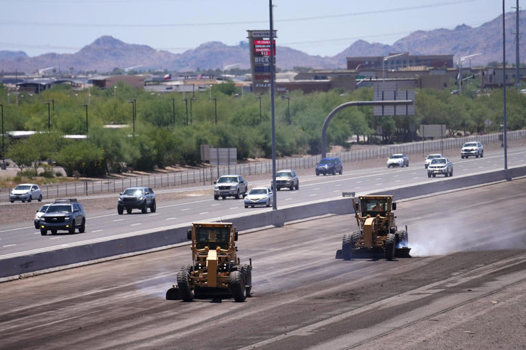 Southbound lanes of Interstate 17 are closed for construction as crews work on lanes near the Jomax Road exit on June 1, 2024, in Phoenix.