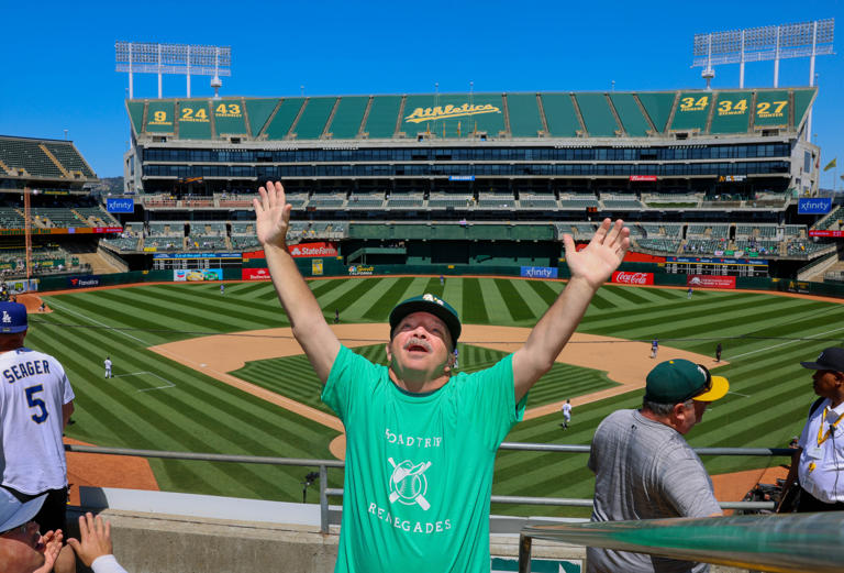 Oakland Athletics fan Mike Marler, of Sacramento, attends the game against the Texas Rangers at the Coliseum in Oakland on May 8, 2024. Marler, who is with the Road Trip Renegades, is traveling to all 81 road games for the A's this season.