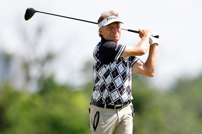 DES MOINES, IOWA - JUNE 01: Bernhard Langer of Germany plays his tee shot on the third hole during the second round of the Principal Charity Classic at Wakonda Club on June 01, 2024 in Des Moines, Iowa. (Photo by David Berding/Getty Images)