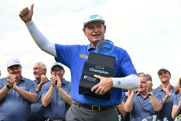 Ernie Els celebrates with the winner's trophy at the 2024 Principal Charity Classic at Wakonda Club in Des Moines, Iowa. (Photo: Jeffrey Becker-USA TODAY Sports)