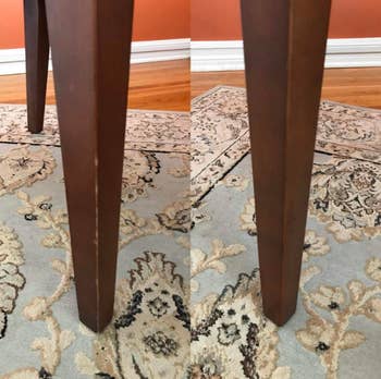 before and after pic of scratched furniture leg and made over furniture leg