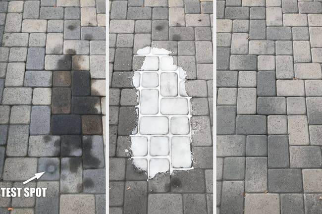 reviewer before photo of large oil stain on pavers and pointing out the test sport area / reviewer progress photo of product applied / reviewer after photo showing the stain gone