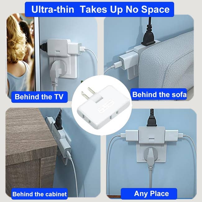 Ultra-thin plug adapter shown in various tight spaces to highlight space-saving design. Text: