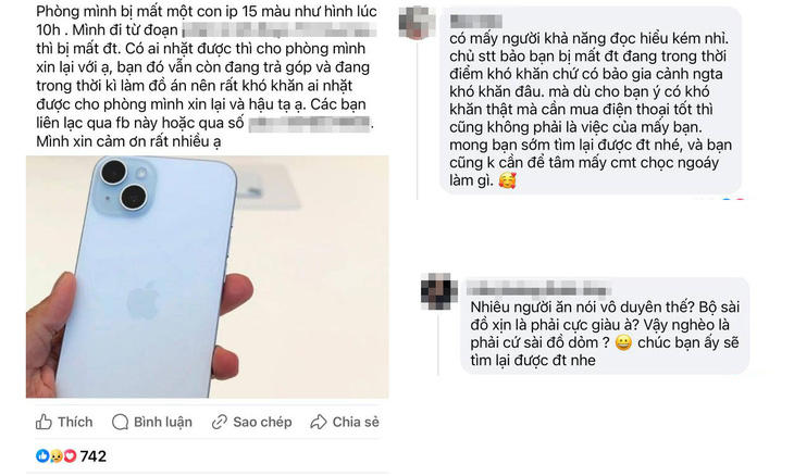 Đăng bài tìm điện thoại bị mất, một sinh viên phải giải thích khi có bạn thắc mắc khó khăn còn mua trả góp điện thoại xịn - Ảnh: MÂY TRẮNG