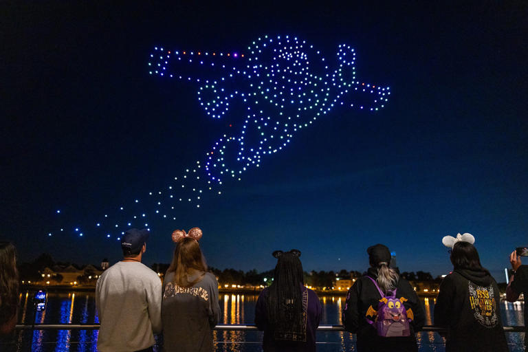 Buzz Lightyear makes a brief appearance during the new drone show that will be seen at Disney Springs nightly through Sept. 2, 2024.