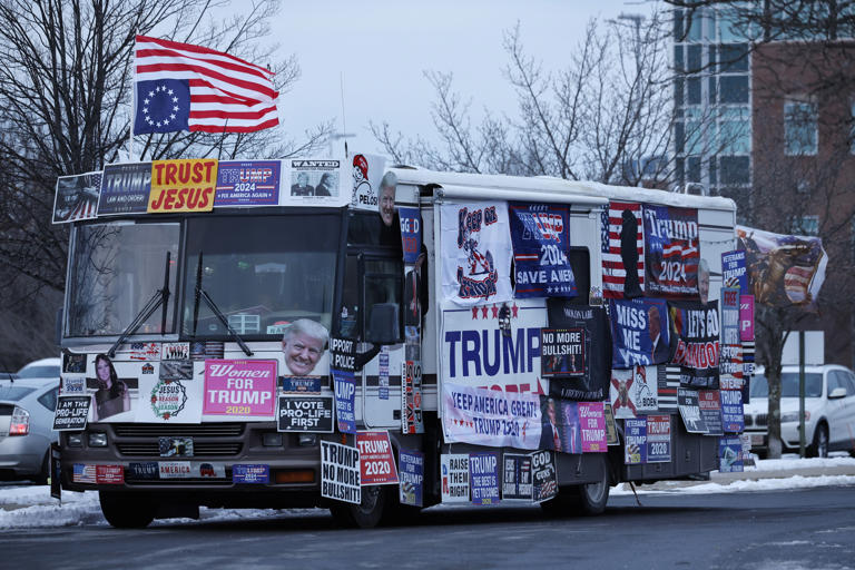 The RV involved in Sunday's crash is pictured above, outside a Trump rally at the Grappone Conference Center back on January 19, 2024, in Concord, New Hampshire.