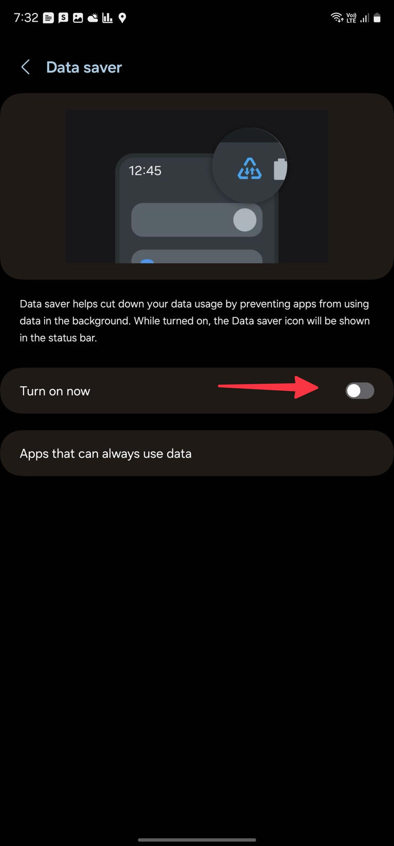 red solid arrow pointing to data saver toggle on Samsung
