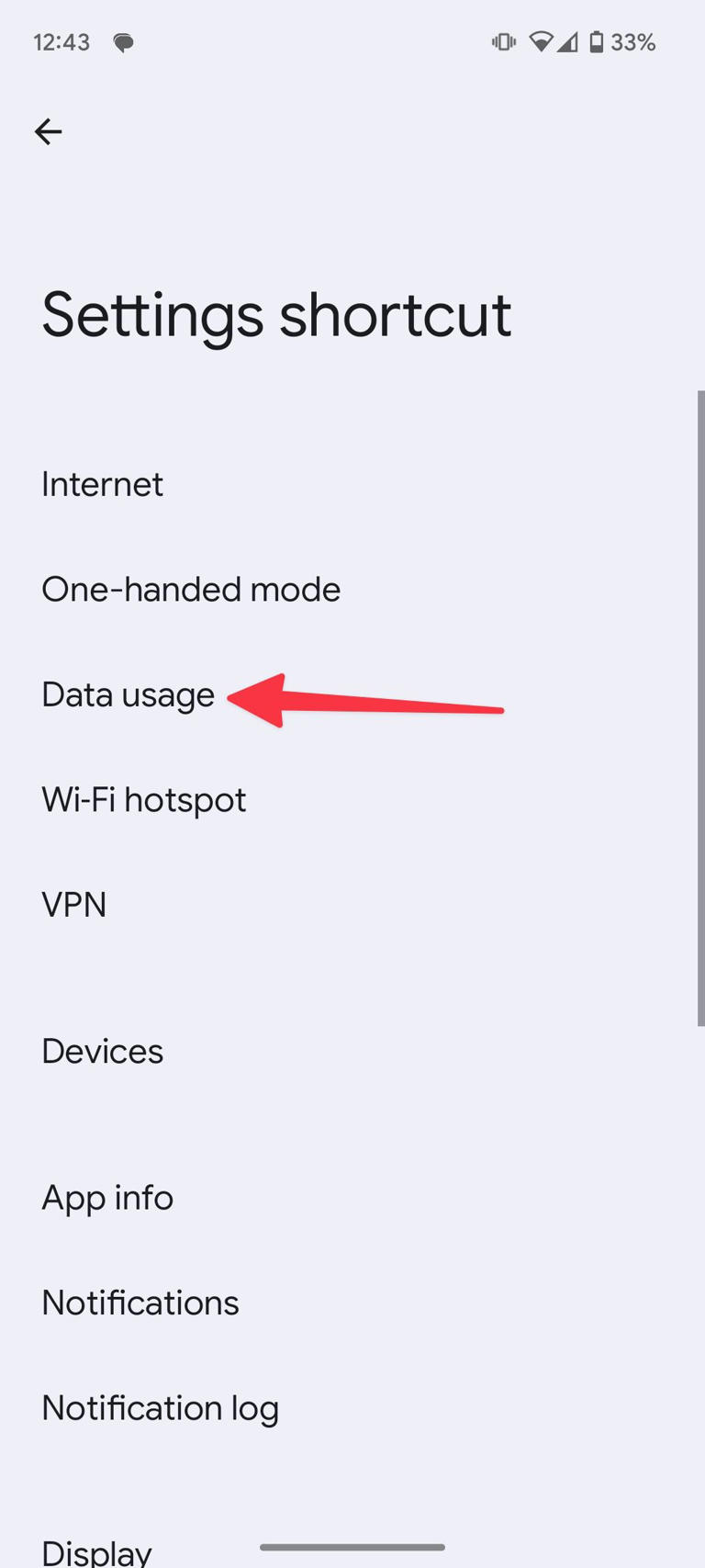 red solid arrow pointing to Data usage in settings shortcut on Android