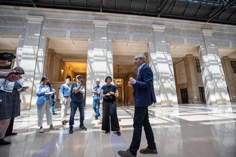 President and CEO of Michigan Central Station Joshua Sirefman and Head of Place Melissa Dittmer speak to the media in the South Concourse of the Michigan Central Station in the Corktown neighborhood of Detroit on May 14, 2024.