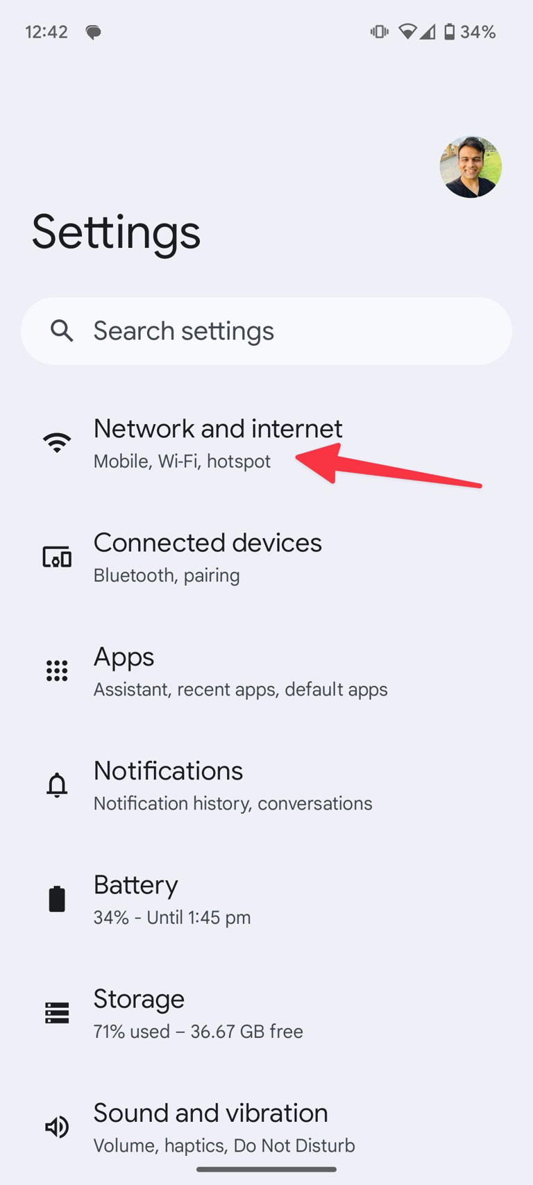 Open network and internet on Android Settings