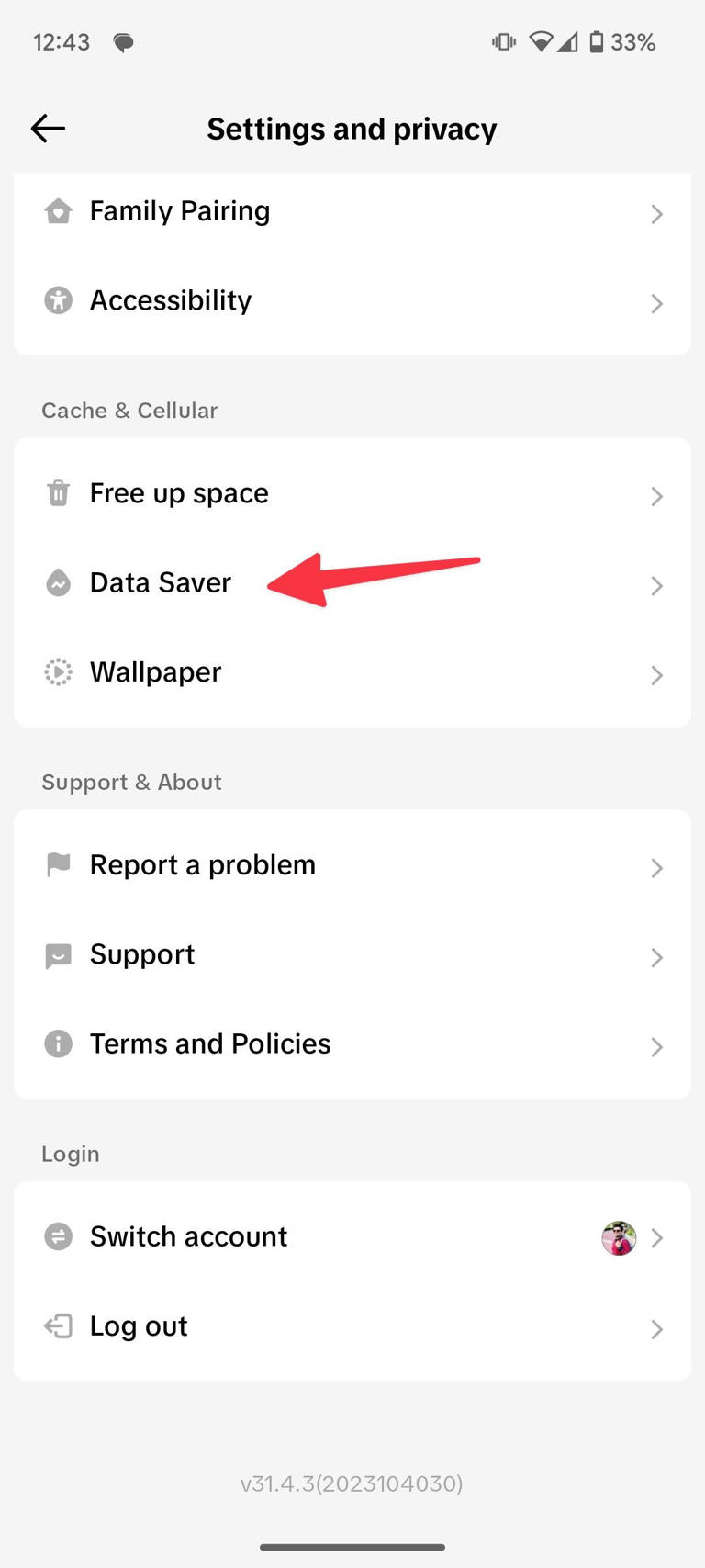 Data Saver option on TikTok on Android