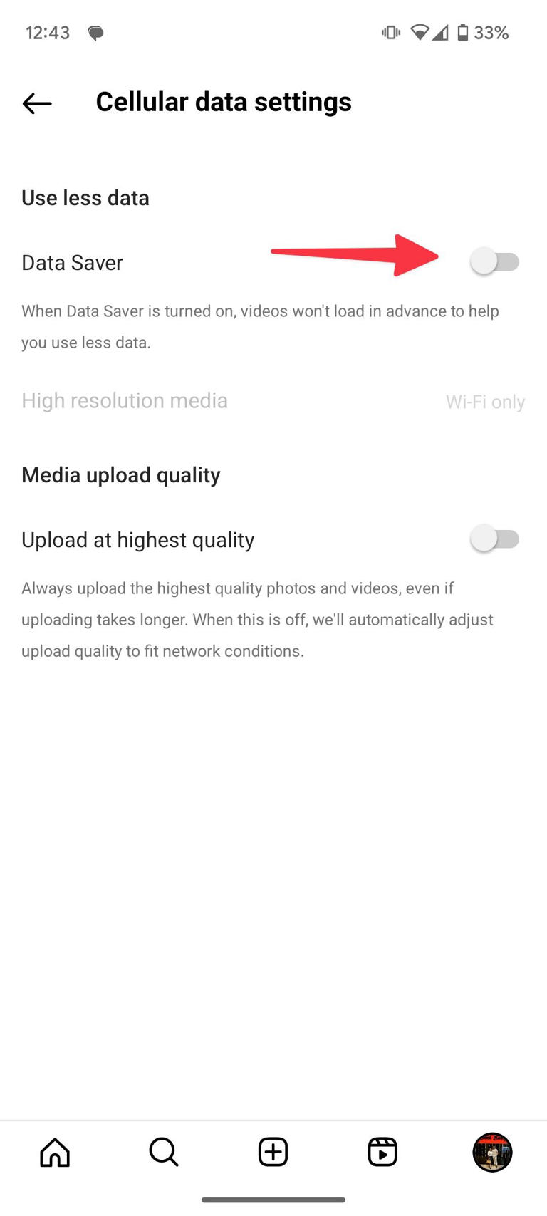 data saver toggle on Instagram on Android