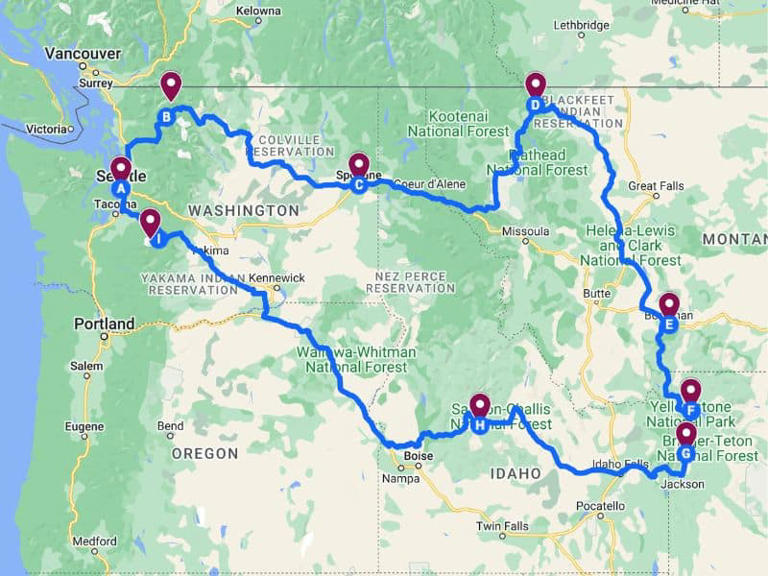 Access our FREE interactive Seattle to Yellowstone Road Trip Map HERE