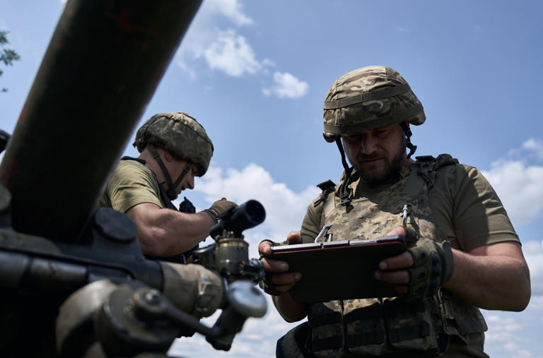 This illustrative image shows Ukrainian soldiers from the 92nd assault brigade training on the outskirts of the frontline on May 18, 2024 in the Kharkiv region, near the border with Russia.