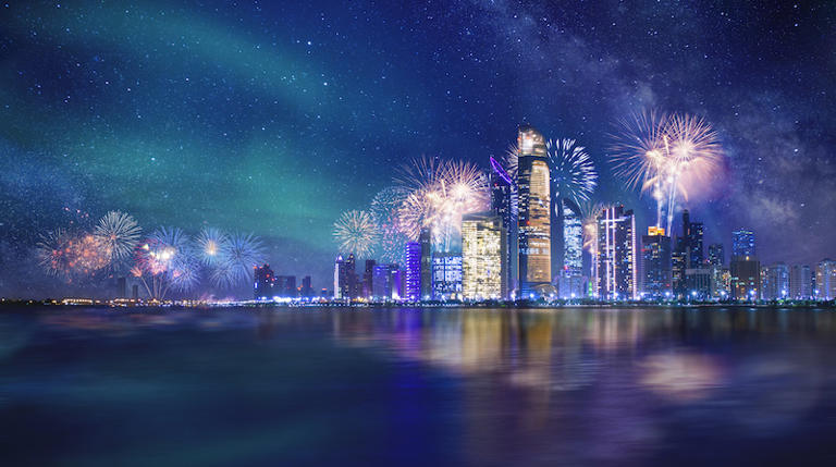 Abu Dhabi skyline at Night with fireworks
