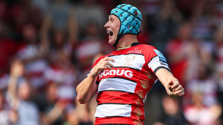 Josh Hathaway of Gloucester Rugby celebrates his try to make it 52-14 during the Gallagher Premiership match Gloucester Rugby vs Newcastle Falcons at Kingsholm Stadium , Gloucester, United Kingdom, 18th May 2024(Photo by Gareth Evans/News Images)