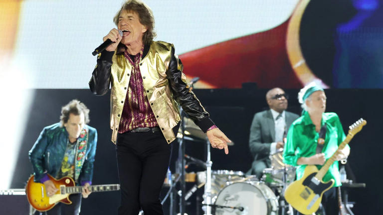 EAST RUTHERFORD, NEW JERSEY - MAY 26: Ronnie Wood, Mick Jagger, Steve Jordan, and Keith Richards and of The Rolling Stones perform during Stones Tour 24 Hackney Diamonds at MetLife Stadium on May 26, 2024 in East Rutherford, New Jersey. (Photo by Mike Coppola/Getty Images)