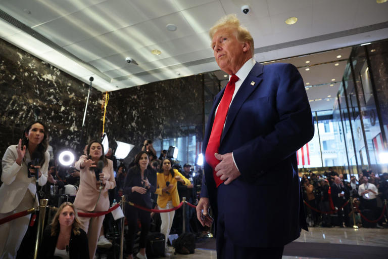 Former U.S. President Donald Trump leaves after addressing members of the media following the verdict in his hush-money trial at Trump Tower on May 31, 2024 in New York City.