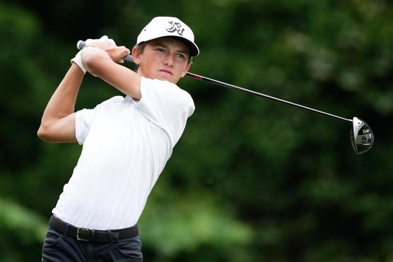 Miles Russell, who just finished his freshman year of high school, made the cut and finished T20 at a Korn Ferry Tour event earlier this year. (Sam Hodde/Getty Images)