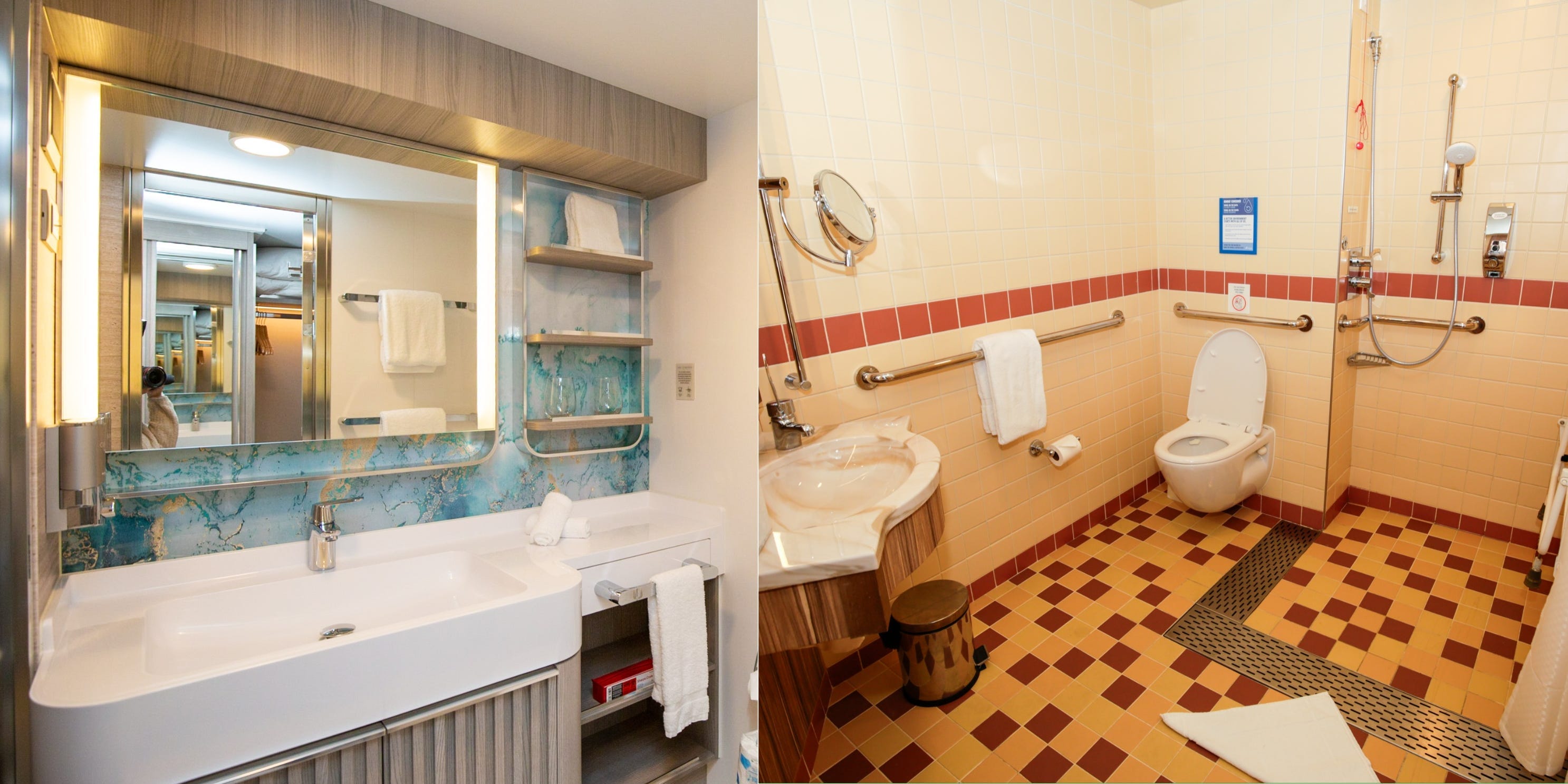 <p>It was about as glamorous as a gas station restroom.</p><p>Most of my <a href="https://www.businessinsider.com/photos-luxurious-1000-per-person-stateroom-inside-new-norwegian-prima-2022-10">cruise cabin bathrooms</a> have had modern, cool-toned decor, like the one pictured on the left. Carnival seems to have avoided the industry trend as much as possible.</p>