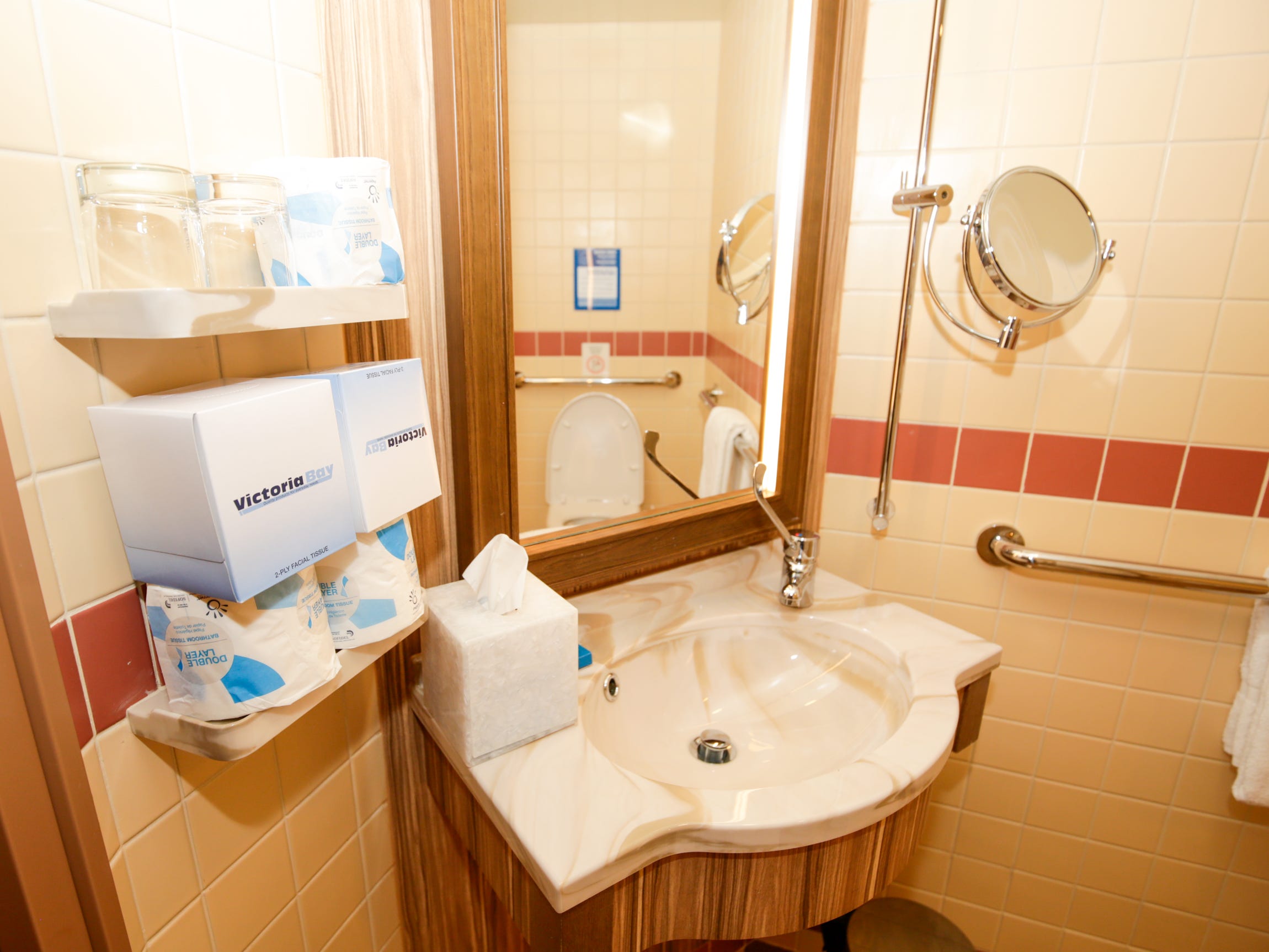 <p>An unnecessary number of stacked tissue boxes and toilet paper rolls occupied the only shelves in the bathroom.</p><p>There was no need for these excess paper products. My cabin attendant already cleaned and restocked my stateroom once a day, as is typical with Carnival.</p><p>I'm a girlie with an extensive skincare routine and a compulsive need to organize my products. With almost no storage in the bathroom, I needed these shelves.</p>