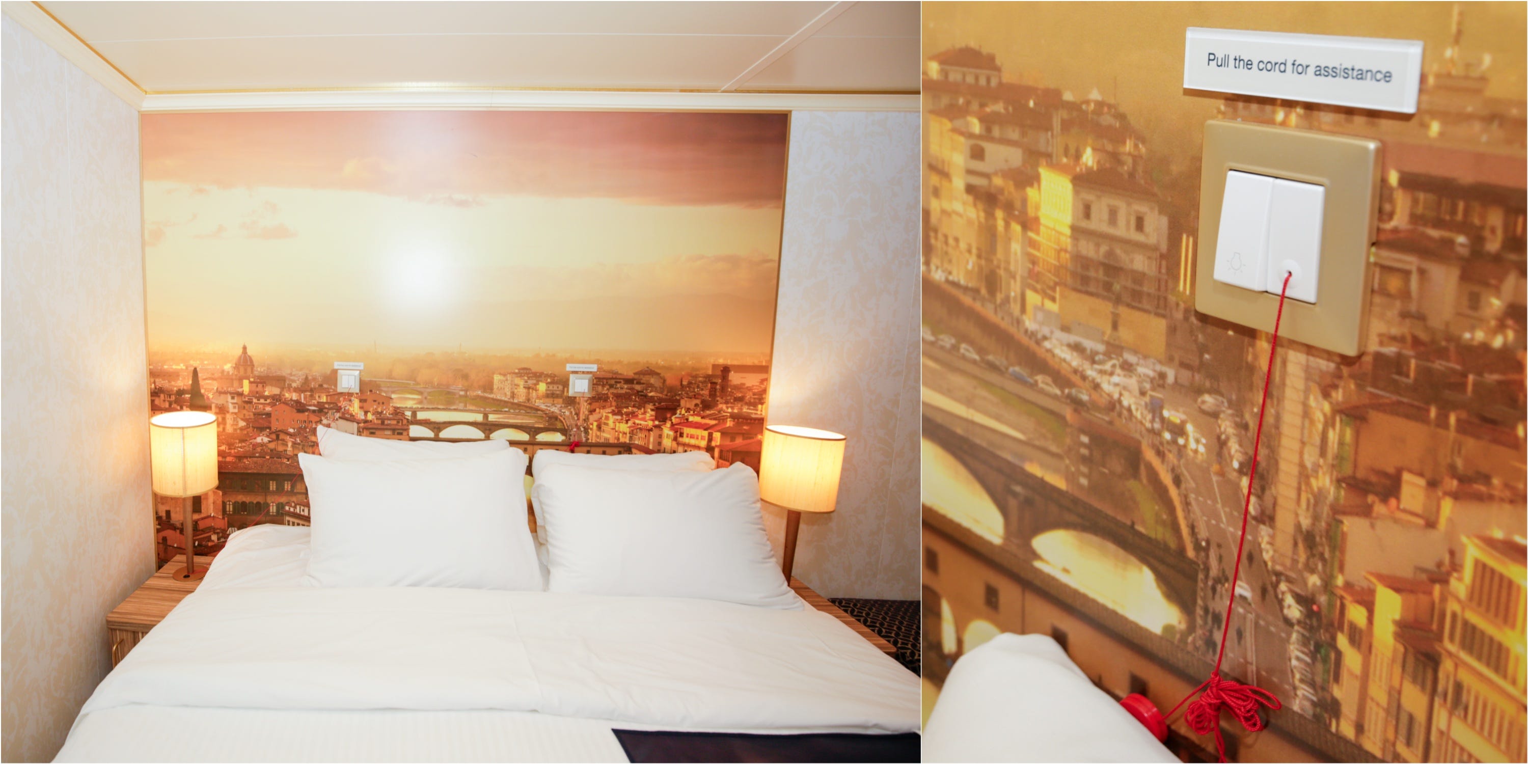 <p>That would explain the otherwise unnecessary photo of Florence, Italy behind my bed.</p><p>The print was both the only decor and the only reference to Italy in my dingy cabin. Unfortunately, it looked both tacky and misplaced.</p><p>It did, however, disguise the ominous "pull the cord for assistance" feature.</p>