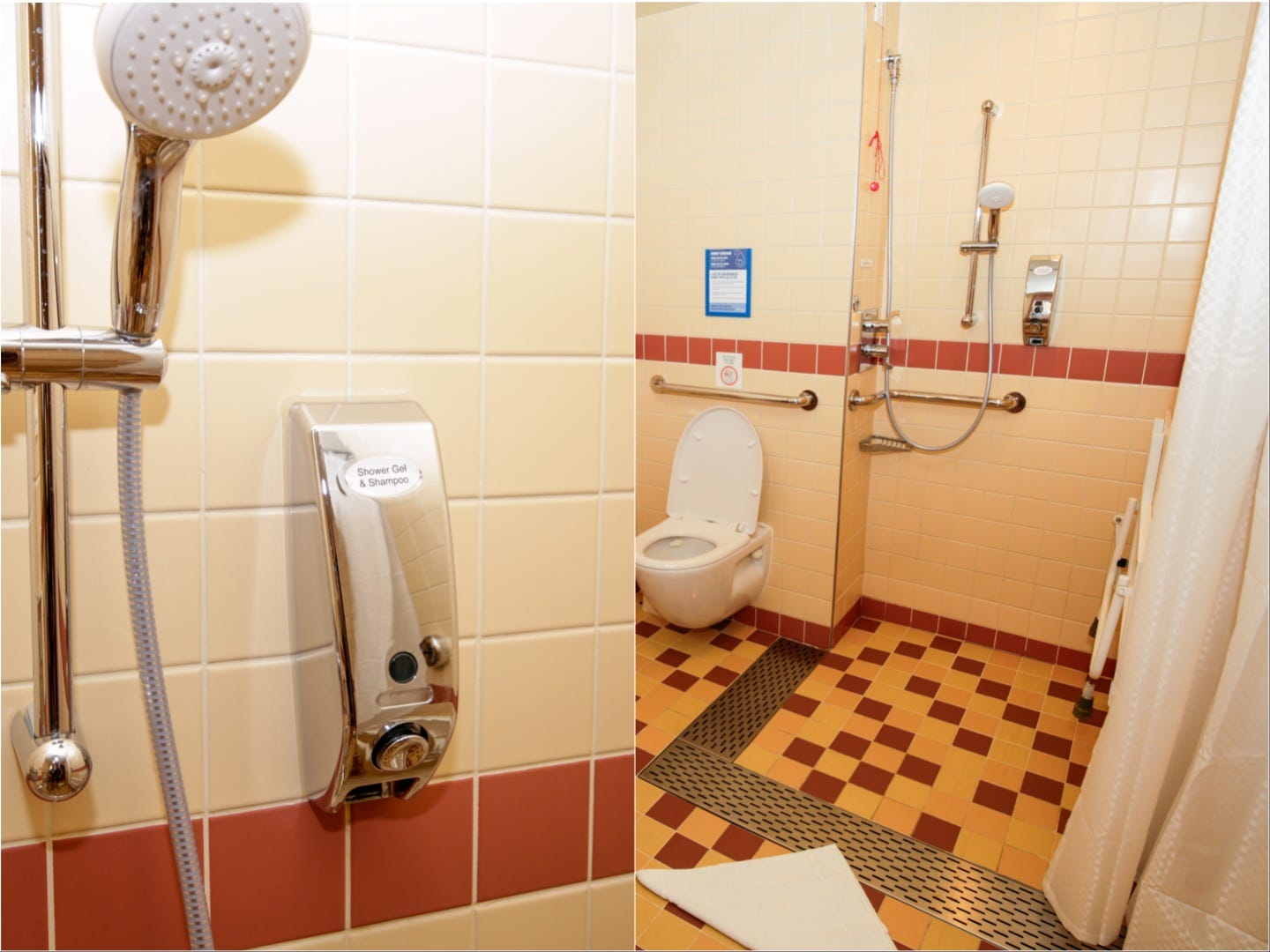 <p>Unbeknownst to me, the cruise line had put me in one of the ship's accessible, wheelchair-friendly accommodations. This meant the shower (as in, a curtain and a few drains on the floor) was one of the most spacious I've had at sea.</p><p>However, it only came with a two-in-one body wash and shampoo. Apparently, both <a href="https://www.businessinsider.com/royal-caribbean-icon-of-the-seas-cruise-cabin-review-photos-2024-2">Royal Caribbean and Carnival</a> seem to have a BYOHC (bring your own hair conditioner) policy.</p>