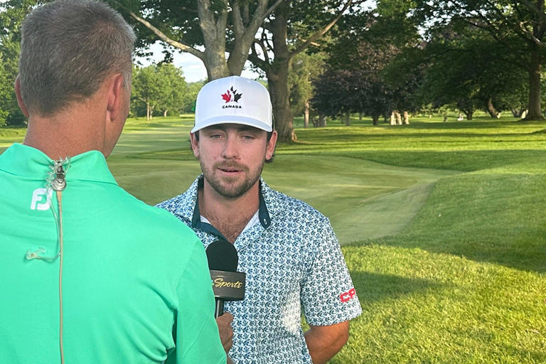 Ashton McCulloch is interviewed by Golf Channel after surviving a 2024 U.S. Open qualifier in Canada. (Photo: Adam Schupak/Golfweek)
