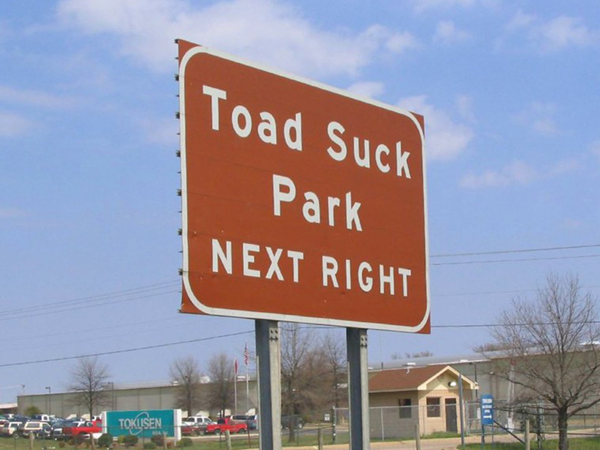 <p>Toad Suck is an unincorporated community, meaning it’s governed by the larger Faulkner county area instead of by its own local municipal corporation. It’s a tiny town situated on the Arkansas River and holds the popular Toad Suck Daze annual fair. The name comes from prohibition days when people would go to a tavern hidden on the river and “suck on a bottle so much they swell up like a toad.”</p>