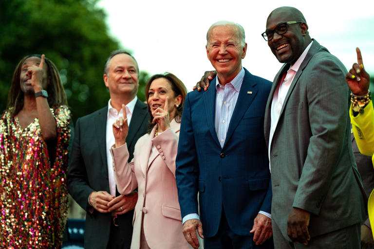 Actor Billy Porter, U.S. Second Gentleman Doug Emhoff, Vice President Kamala Harris, President Joe Biden and Philonise Floyd, brother of George Floyd, attend a Juneteenth concert at the White House on June 10, 2024 in Washington, DC. A video of Biden appearing to freeze at the event has raised questions.