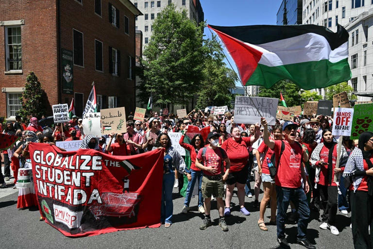 Pro-Palestinian demonstrators march near Lafayette Square in Washington, D.C., on June 8, 2024, to protest against Israel's actions in Gaza.