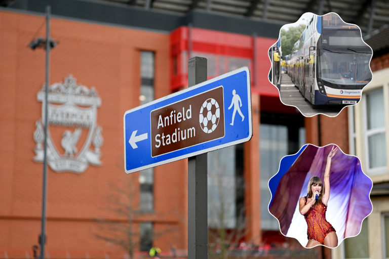 A special shuttle bus service will take fans to Taylor Swift's gigs in Anfield. Images via Getty