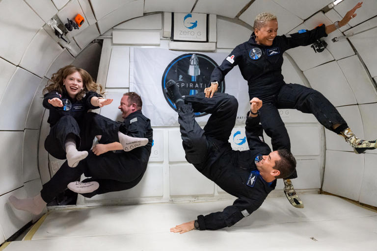 Civilians (from left) Hayley Arceneaux, Chris Sembroski, Jared Isaacman and Sian Proctor enjoyed three days of weightlessness on the Inspiration4 mission as they orbited the Earth in 2021.