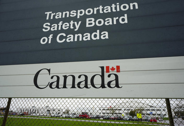 Investigators say they will recover and examine in the next few days the wreckage of a seaplane that collided with a pleasure boat in Vancouver's downtown harbour. Transportation Safety Board of Canada (TSB) signage is pictured outside TSB offices in Ottawa on Monday, May 1, 2023. THE CANADIAN PRESS/Sean Kilpatrick