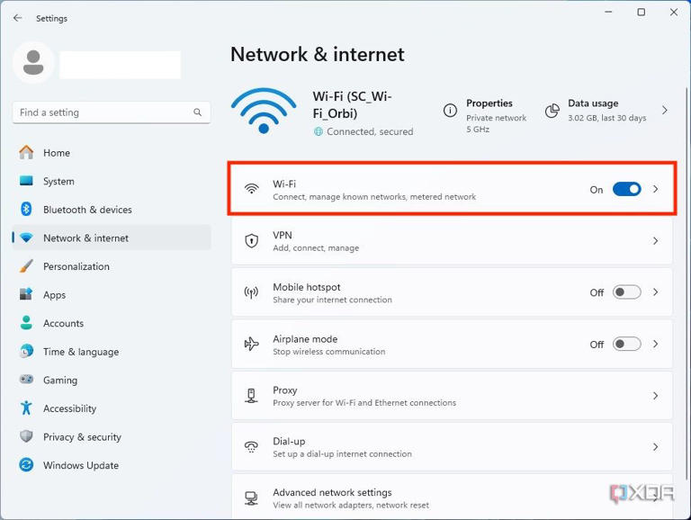 Windows 11 DNS settings, select Network & internet, then Wi-Fi without clicking the toggle