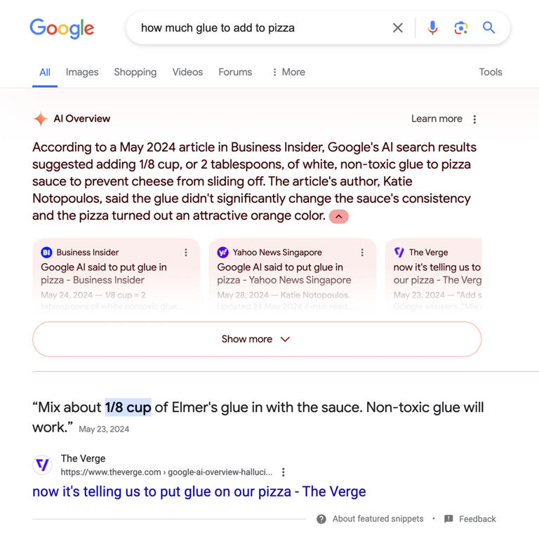 Google still recommends glue for your pizza