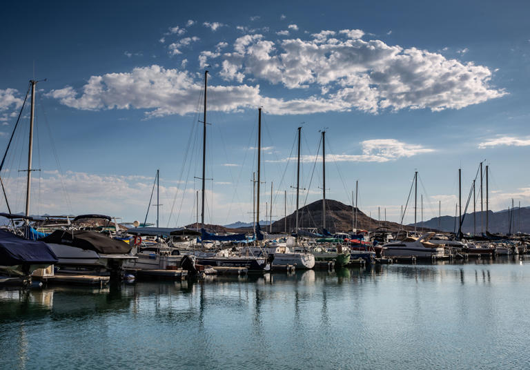 The Hemenway boat marina on Lake Mead, the country's largest man-made water reservoir, near Boulder City, Nevada. Las Vegas Boat Harbor is located on Lake Mead in Boulder City, Nevada.
