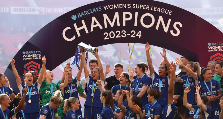 Chelsea's German midfielder #08 Melanie Leupolz (C) holds the trophy as Chelsea players celebrate winning the title after the English Women's Super League football match between Manchester United and Chelsea at Old Trafford in Manchester, north west England, on May 18, 2024. Chelsea won the game 6-0 and secured their fifth league title in a row. (Photo by Darren Staples / AFP) (Photo by DARREN STAPLES/AFP via Getty Images) ORIG FILE ID: 2152986728