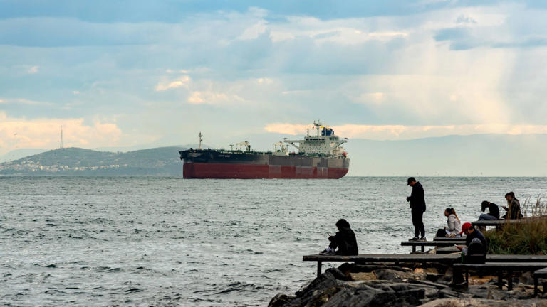 Ein maroder Tanker vor Istanbul in der Türkei: Putin schickt seine Schattenflotten mit russischem Öl um die Welt. (Quelle: IMAGO/John Wreford / SOPA Images/imago)