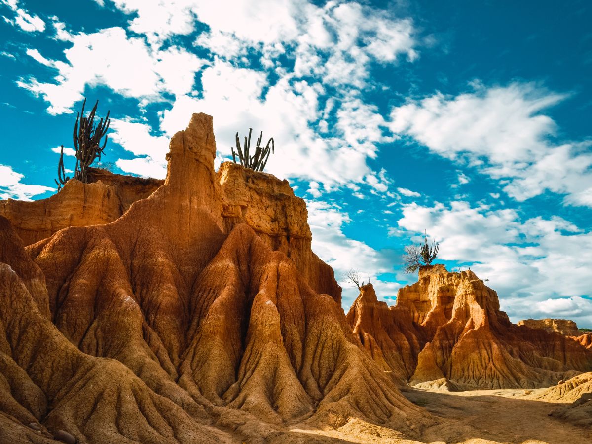 <p>The Tatacoa Desert is a dramatic and unique landscape located in the Huila Department. Despite its name, it’s more of a dry tropical forest, featuring striking red and gray rock formations, canyons, and cacti. The desert is also a prime spot for stargazing due to its clear, dark skies.</p>