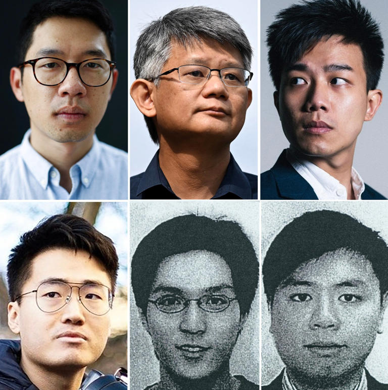 The wanted opposition figures (clockwise from top left): Nathan Law, Mung Siu-tat, Finn Lau, Tony Choi, Johnny Fok and Simon Cheng. Photos: AFP/Facebook/Police National Security Department/SCMP Composite