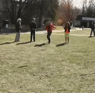 friends playing the game by tossing each chicken to hit the disc