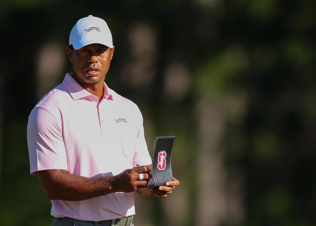 PINEHURST, NORTH CAROLINA - JUNE 11: Tiger Woods of the United States look on with his yardage book on the third green during a practice round prior to the U.S. Open at Pinehurst Resort on June 11, 2024 in Pinehurst, North Carolina. (Photo by Andrew Redington/Getty Images)