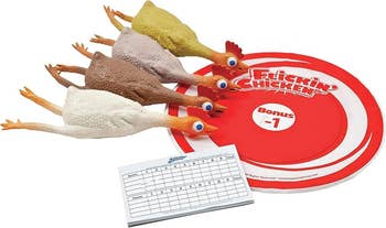 four rubber chickens, tracking sheets, and disc