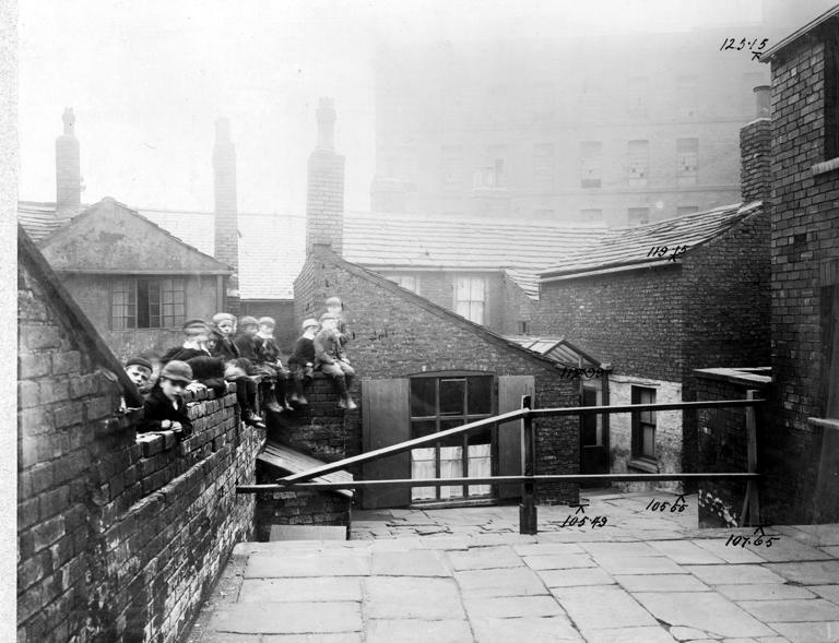 Back yards of premises in East Street. Several small boys are sitting on a wall to left of photo. Houses have slate roofs and shutters on windows. Caption identifies buildings as Heald's property - possibly Benjamin Heald, surgeon, living at 161 East Street at that time. Pictured in September 1903.
