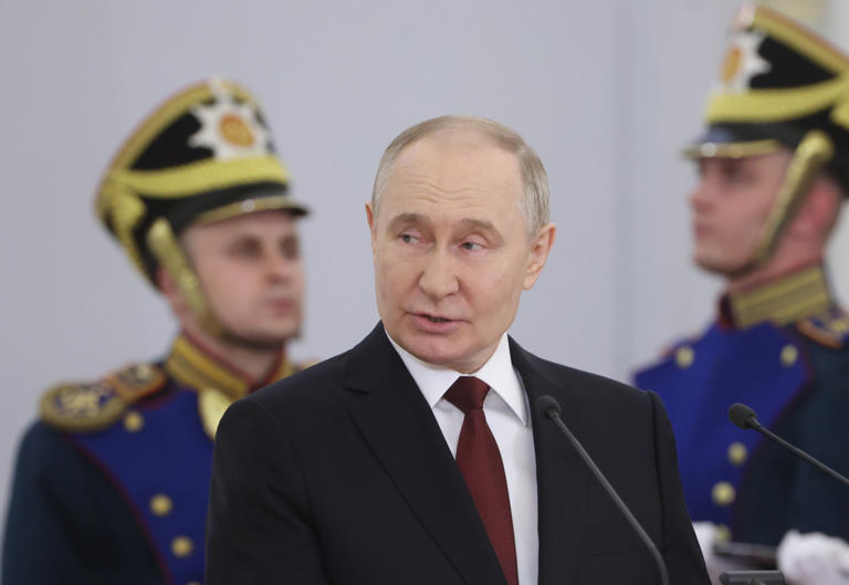 Russian President Vladimir Putin delivers a speech during the awarding ceremony at the Grand Kremlin Palace on June 12, 2024, in Moscow, Russia. Russia abruptly changed its nuclear drill scenario on Wednesday.